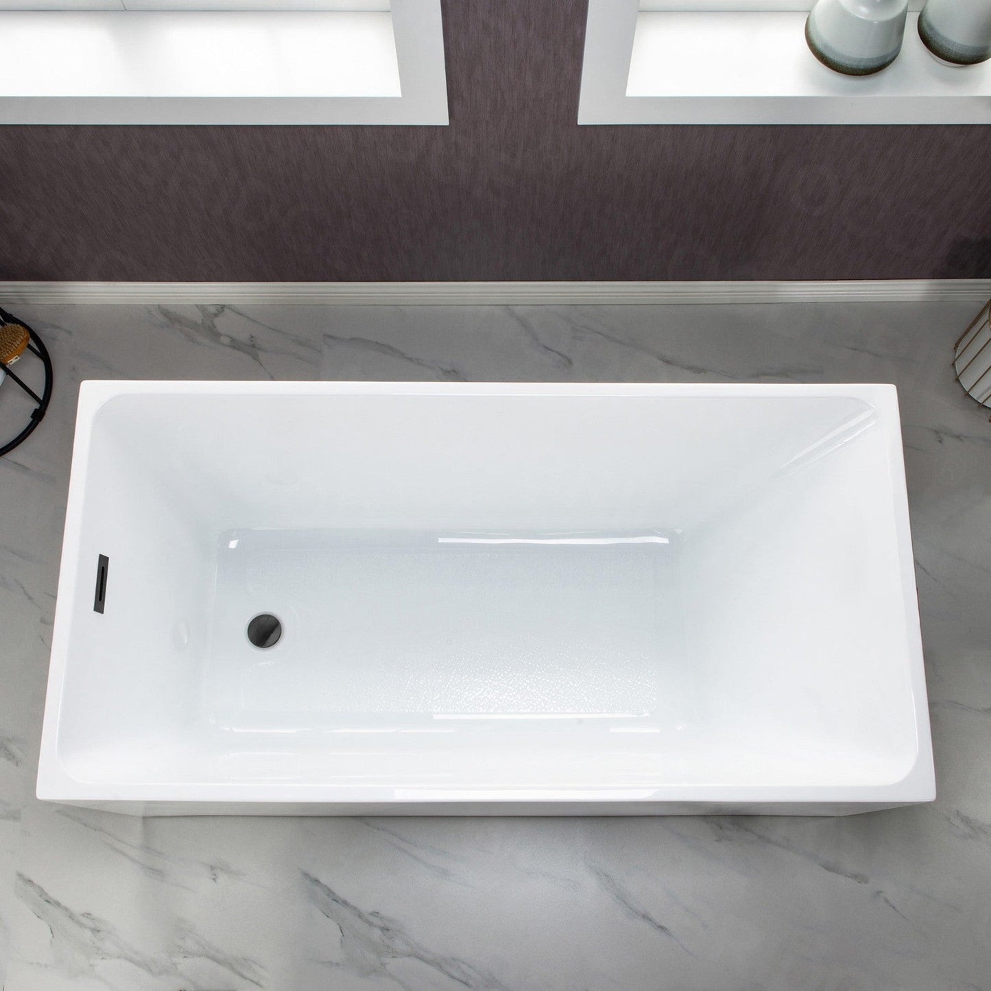 WoodBridge B-0085 59" White Acrylic Freestanding Soaking Bathtub With Matte Black Drain, Overflow, F0072MBVT Tub Filler and Caddy Tray