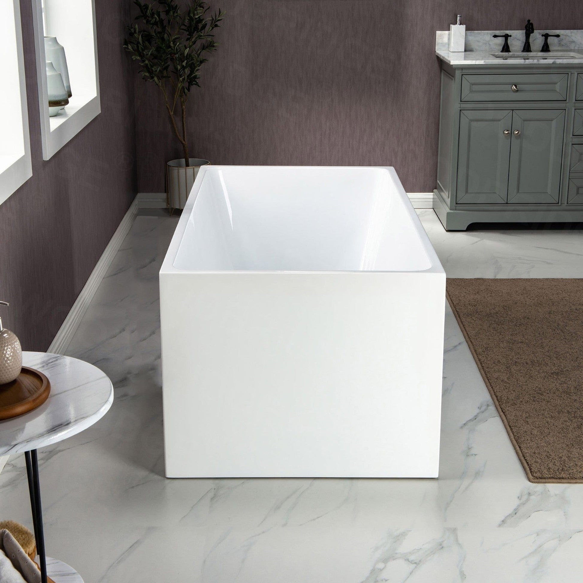 WoodBridge B-0085 59" White Acrylic Freestanding Soaking Bathtub With Matte Black Drain, Overflow, F0072MBVT Tub Filler and Caddy Tray