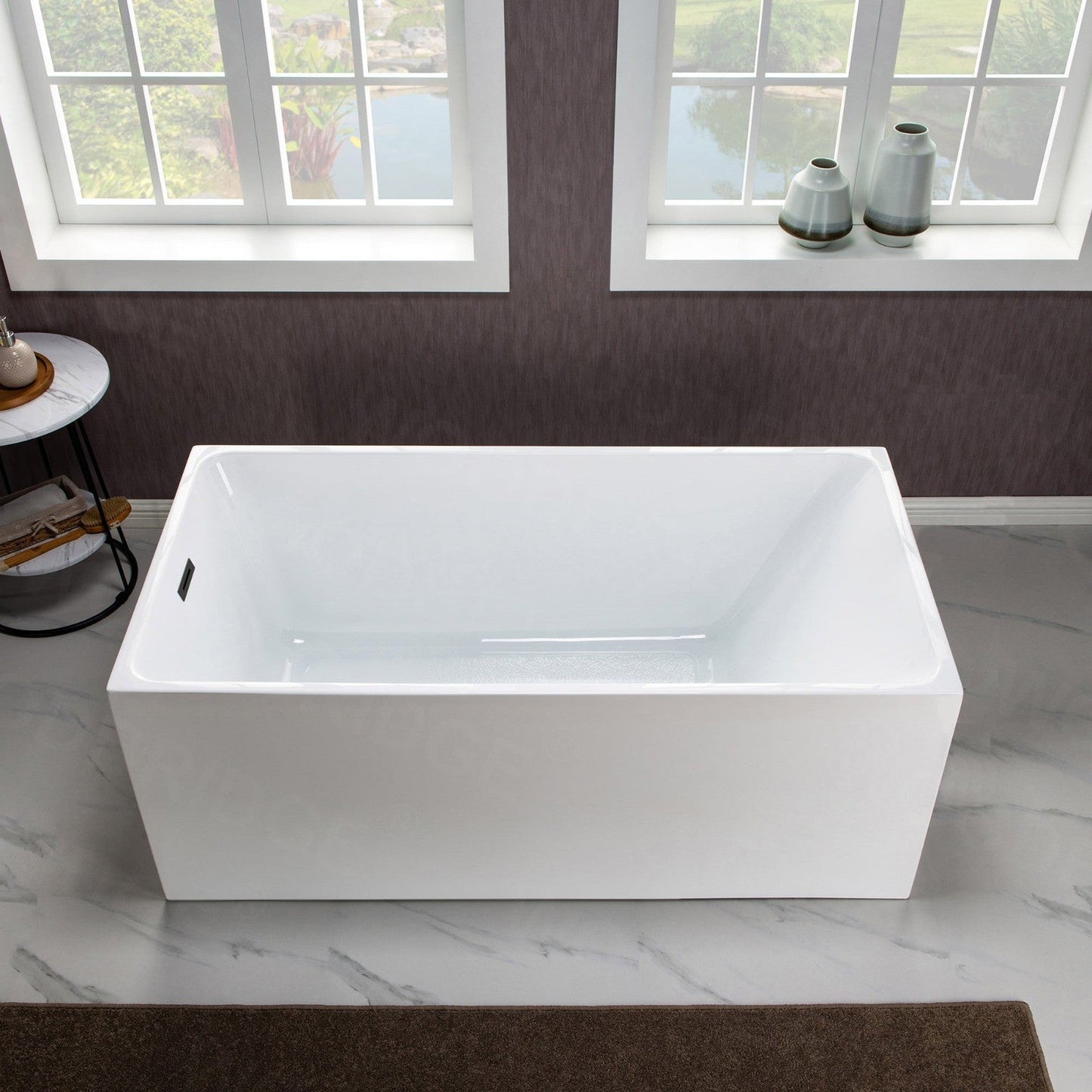 WoodBridge B-0085 59" White Acrylic Freestanding Soaking Bathtub With Matte Black Drain, Overflow, F0072MBVT Tub Filler and Caddy Tray