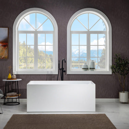 WoodBridge B-0085 59" White Acrylic Freestanding Soaking Bathtub With Matte Black Drain, Overflow, F0072MBVT Tub Filler and Caddy Tray