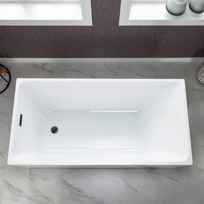 WoodBridge B-0085 59" White Acrylic Freestanding Soaking Bathtub With Matte Black Drain, Overflow, F0072MBVT Tub Filler and Caddy Tray