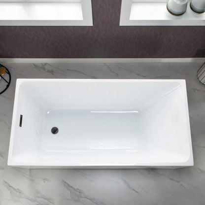 WoodBridge B-0085 59" White Acrylic Freestanding Soaking Bathtub With Matte Black Drain and Overflow