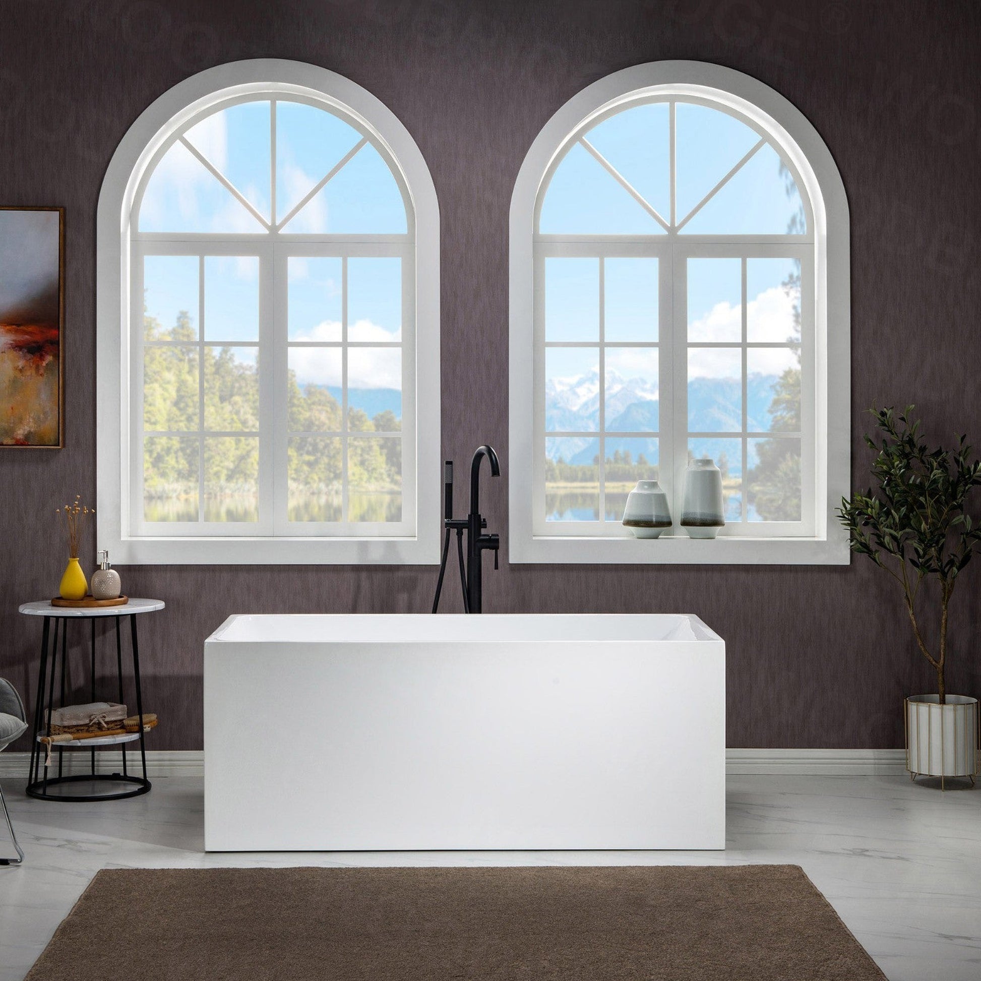 WoodBridge B-0085 59" White Acrylic Freestanding Soaking Bathtub With Matte Black Drain and Overflow