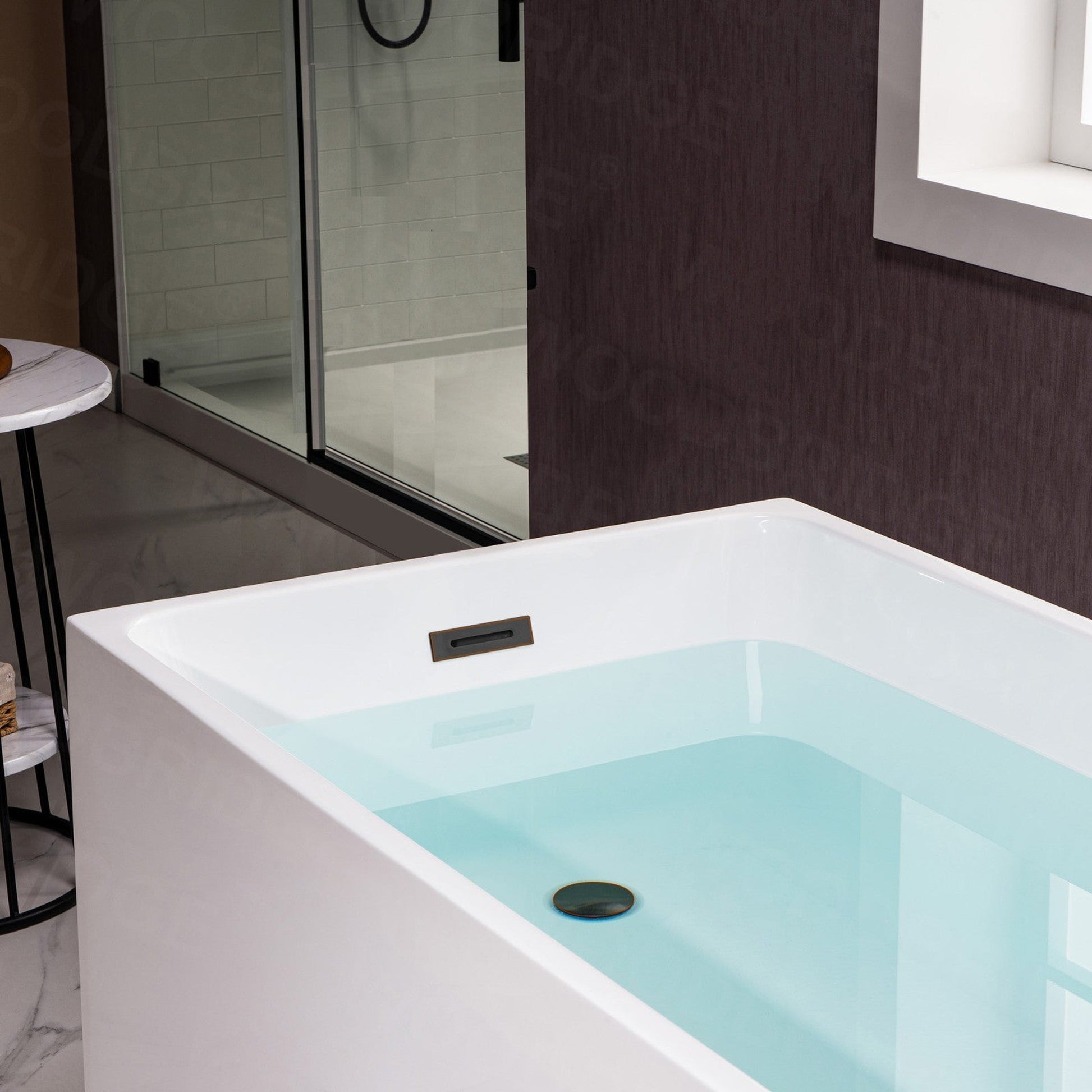 WoodBridge B-0085 59" White Acrylic Freestanding Soaking Bathtub With Oil Rubbed Bronze Drain and Overflow