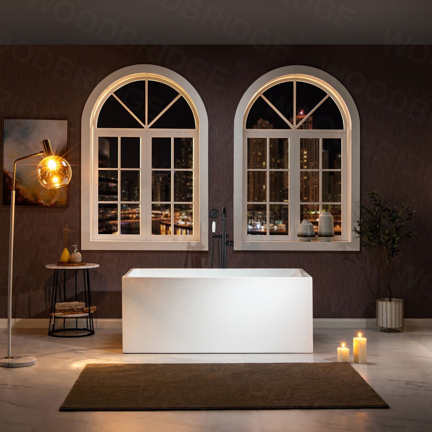 WoodBridge B-0085 59" White Acrylic Freestanding Soaking Bathtub With Oil Rubbed Bronze Drain and Overflow