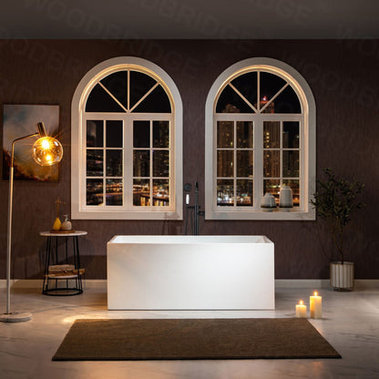 WoodBridge B-0085 59" White Acrylic Freestanding Soaking Bathtub With Oil Rubbed Bronze Drain and Overflow