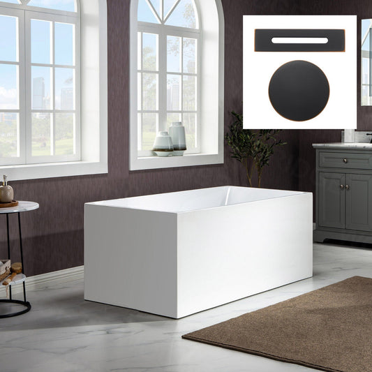 WoodBridge B-0085 59" White Acrylic Freestanding Soaking Bathtub With Oil Rubbed Bronze Drain and Overflow