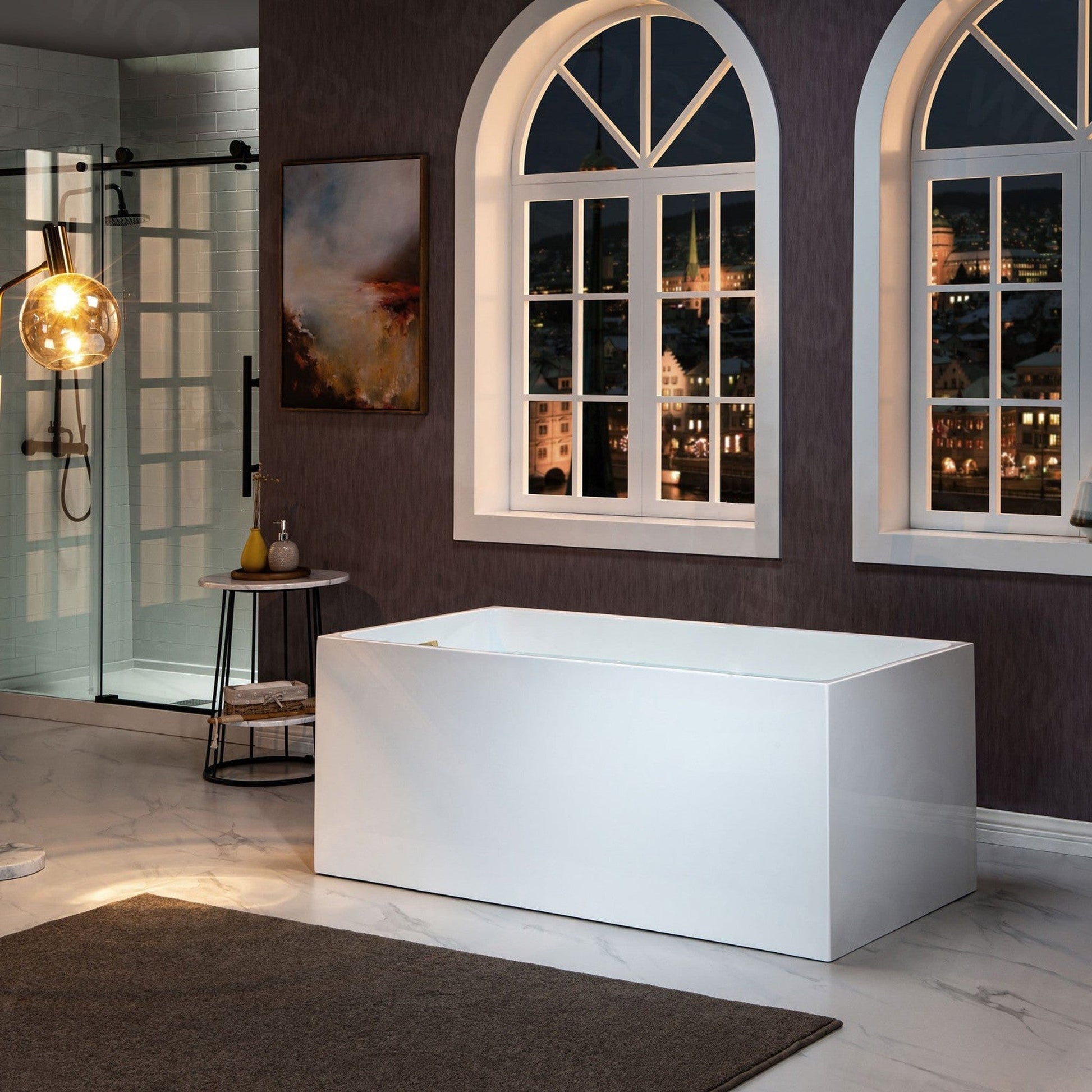 WoodBridge B-0086 67" White Acrylic Freestanding Soaking Bathtub With Brushed Gold Drain, Overflow, F0073BGVT Tub Filler and Caddy Tray