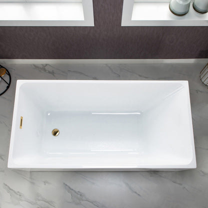 WoodBridge B-0086 67" White Acrylic Freestanding Soaking Bathtub With Brushed Gold Drain, Overflow, F0073BGVT Tub Filler and Caddy Tray