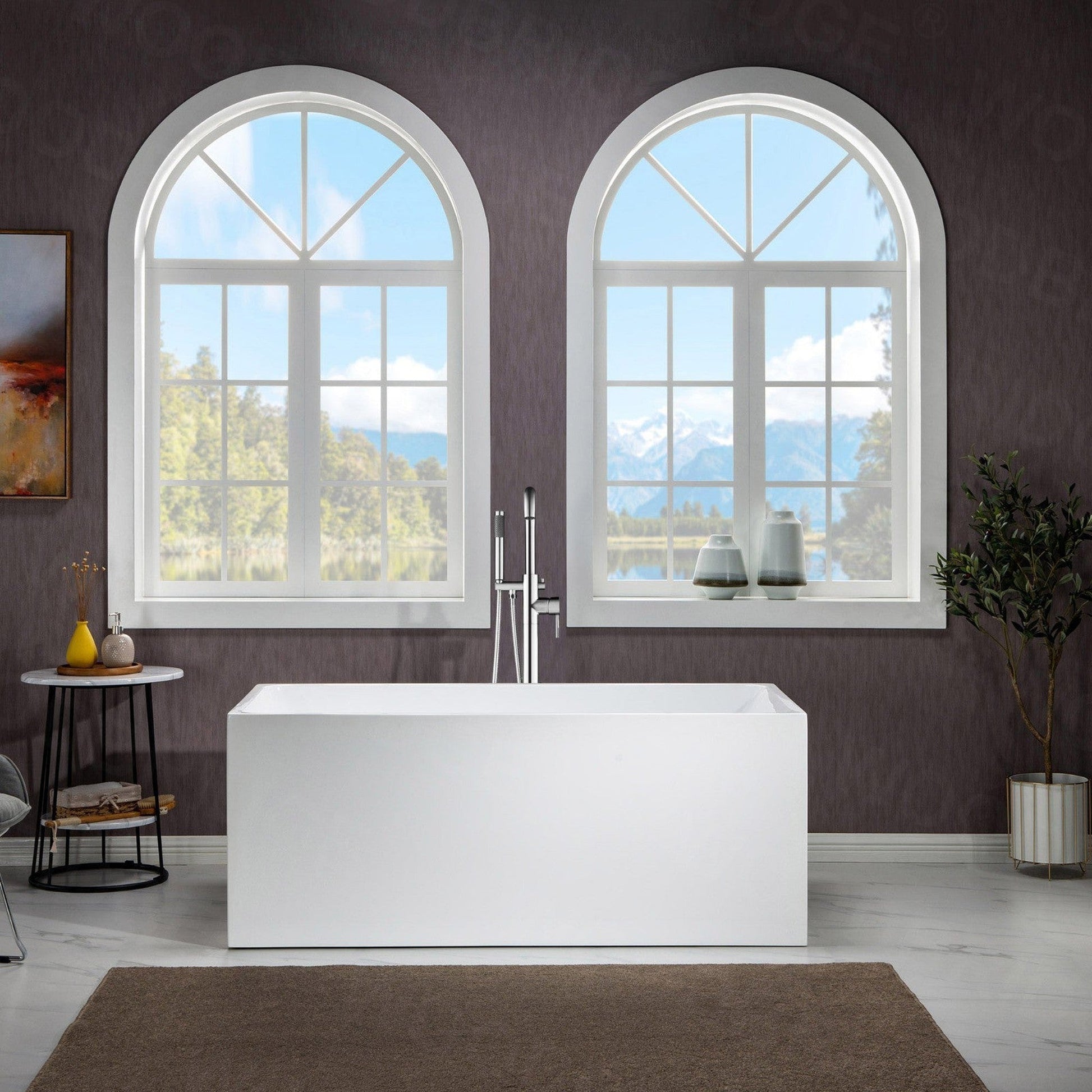 WoodBridge B-0086 67" White Acrylic Freestanding Soaking Bathtub With Chrome Drain, Overflow, F0071CHVT Tub Filler and Caddy Tray