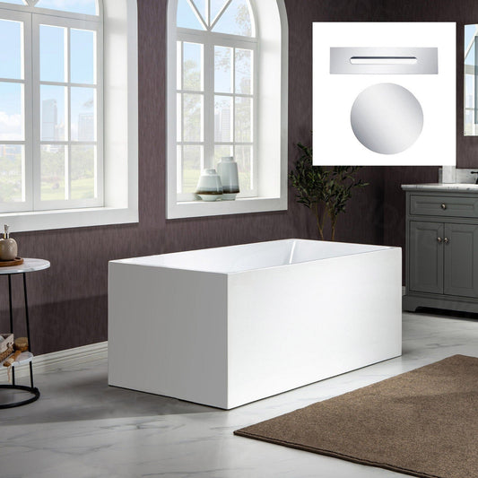 WoodBridge B-0086 67" White Acrylic Freestanding Soaking Bathtub With Chrome Drain, Overflow, F0071CHVT Tub Filler and Caddy Tray