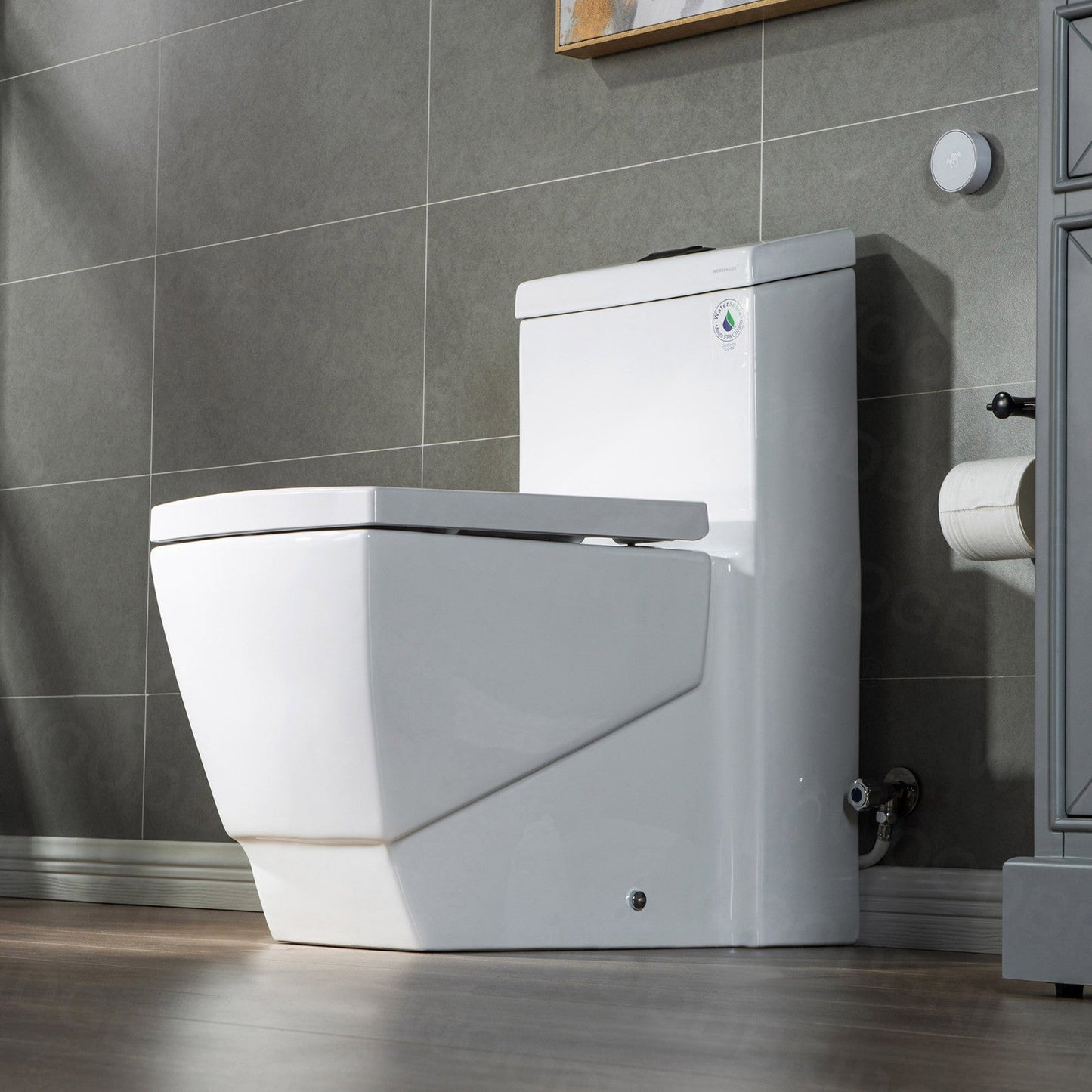 WoodBridge B-0920-A White Modern One-Piece Elongated Square Toilet With Solf Closed Seat and Hand Free Touchless Sensor Flush Kit