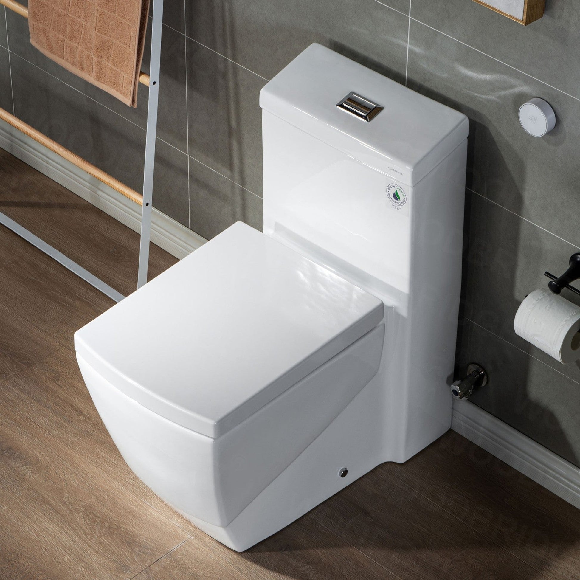 WoodBridge B-0920-A White Modern One-Piece Elongated Square Toilet With Solf Closed Seat and Hand Free Touchless Sensor Flush Kit