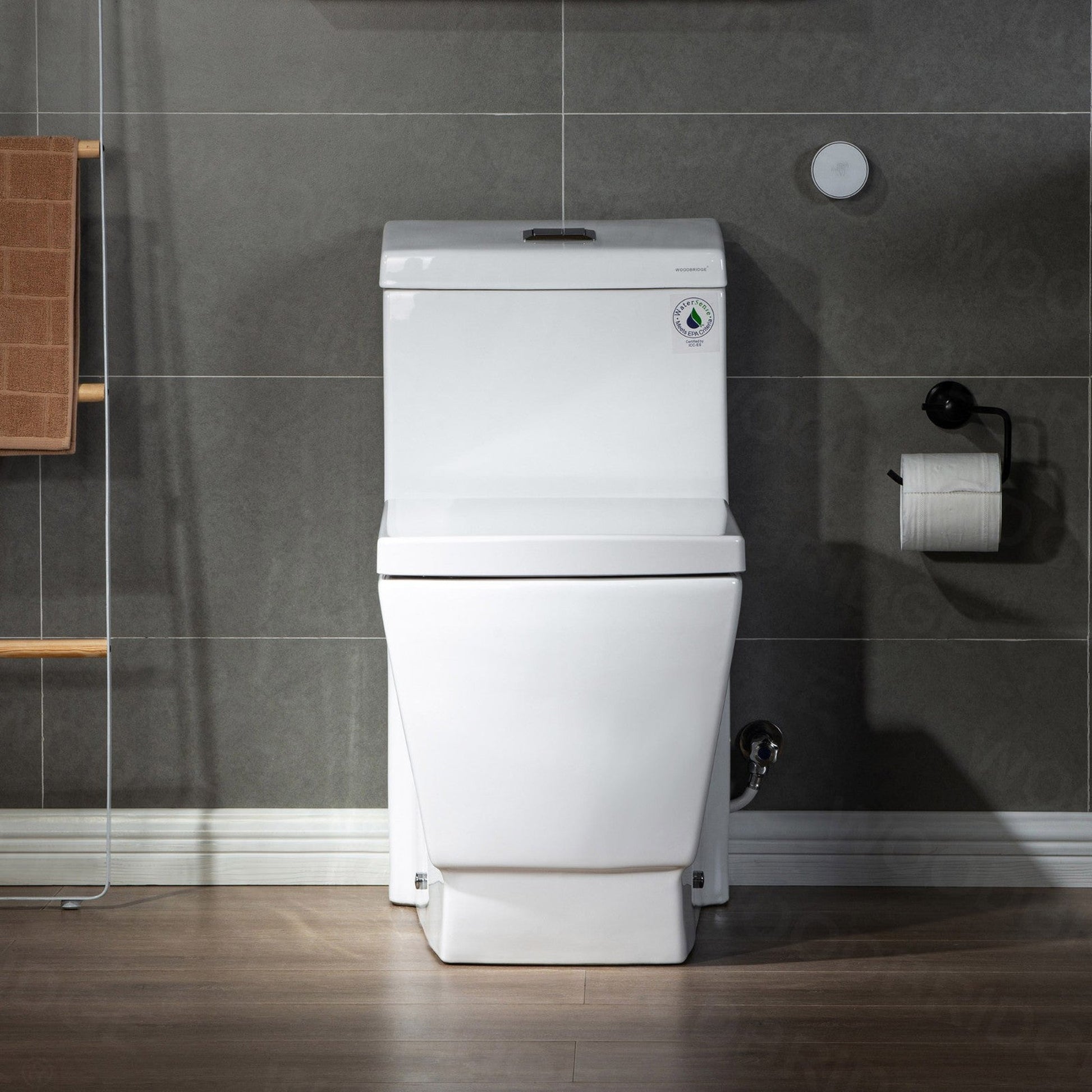 WoodBridge B-0920-A White Modern One-Piece Elongated Square Toilet With Solf Closed Seat and Hand Free Touchless Sensor Flush Kit