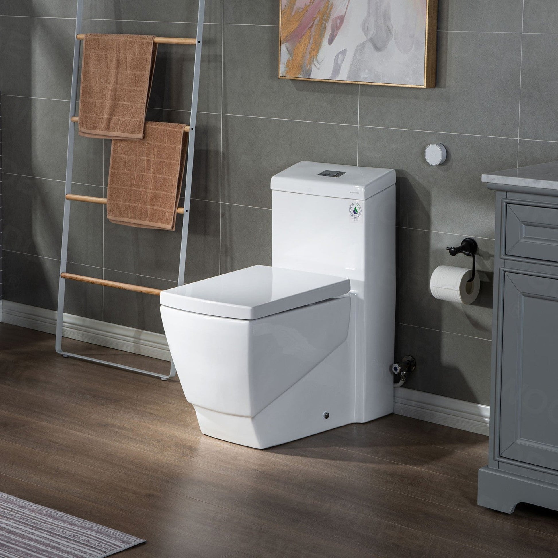 WoodBridge B-0920-A White Modern One-Piece Elongated Square Toilet With Solf Closed Seat and Hand Free Touchless Sensor Flush Kit