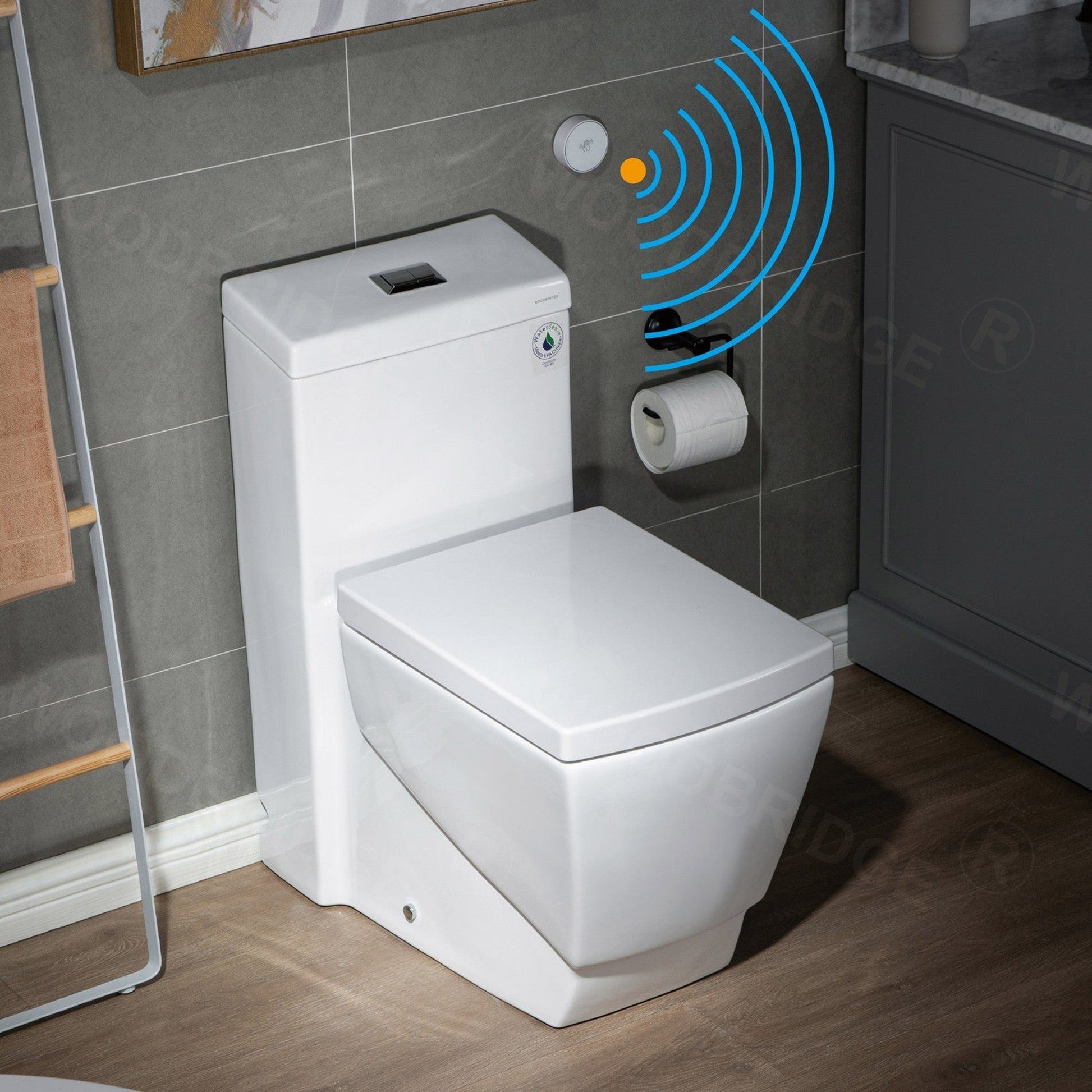 WoodBridge B-0920-A White Modern One-Piece Elongated Square Toilet With Solf Closed Seat and Hand Free Touchless Sensor Flush Kit