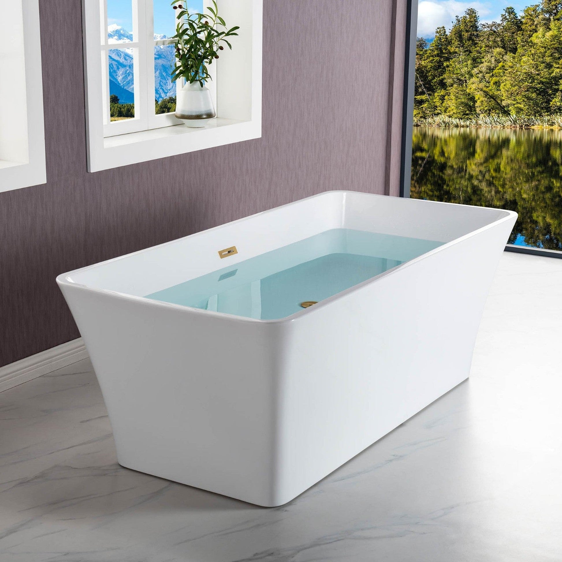 WoodBridge B-1509 59" White Acrylic Freestanding Soaking Bathtub With Brushed Gold Drain, Overflow, F0073BGVT Tub Filler and Caddy Tray