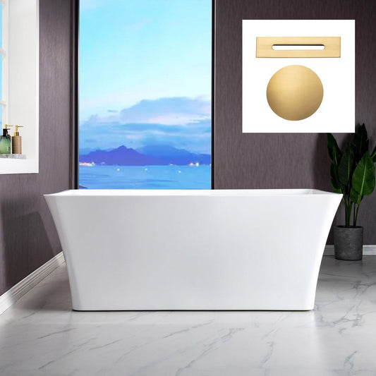 WoodBridge B-1509 59" White Acrylic Freestanding Soaking Bathtub With Brushed Gold Drain, Overflow, F0073BGVT Tub Filler and Caddy Tray