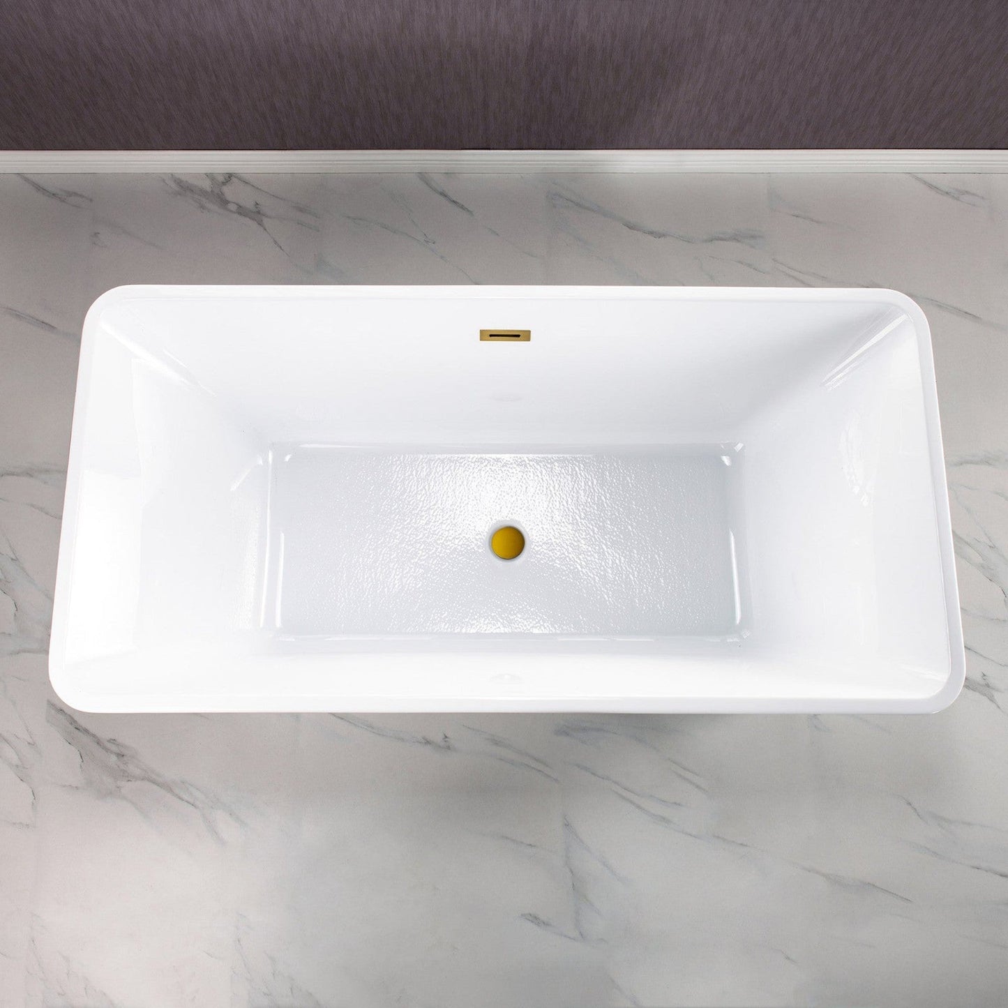 WoodBridge B-1509 59" White Acrylic Freestanding Soaking Bathtub With Brushed Gold Drain, Overflow, F0073BGVT Tub Filler and Caddy Tray