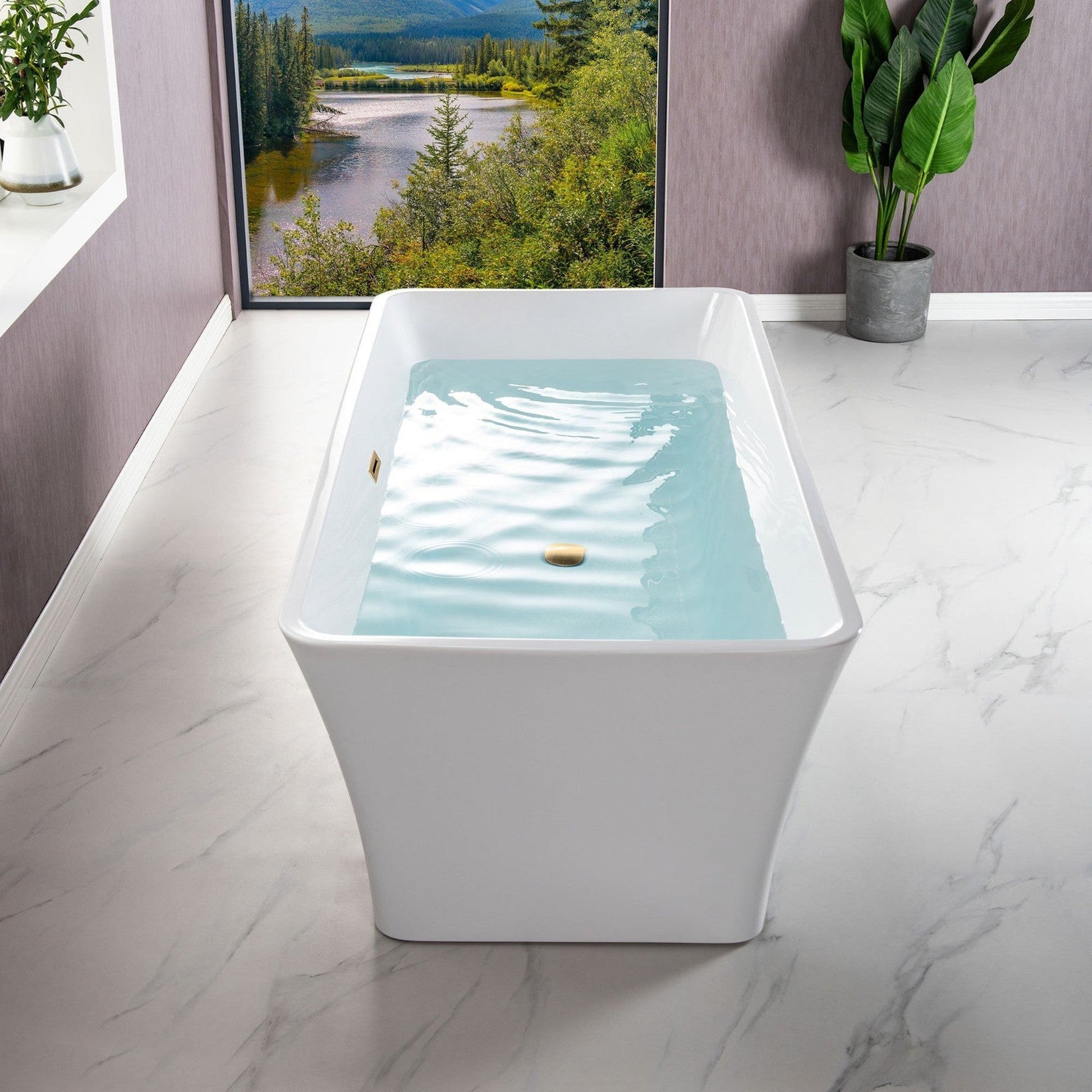 WoodBridge B-1509 59" White Acrylic Freestanding Soaking Bathtub With Brushed Gold Drain, Overflow, F0073BGVT Tub Filler and Caddy Tray