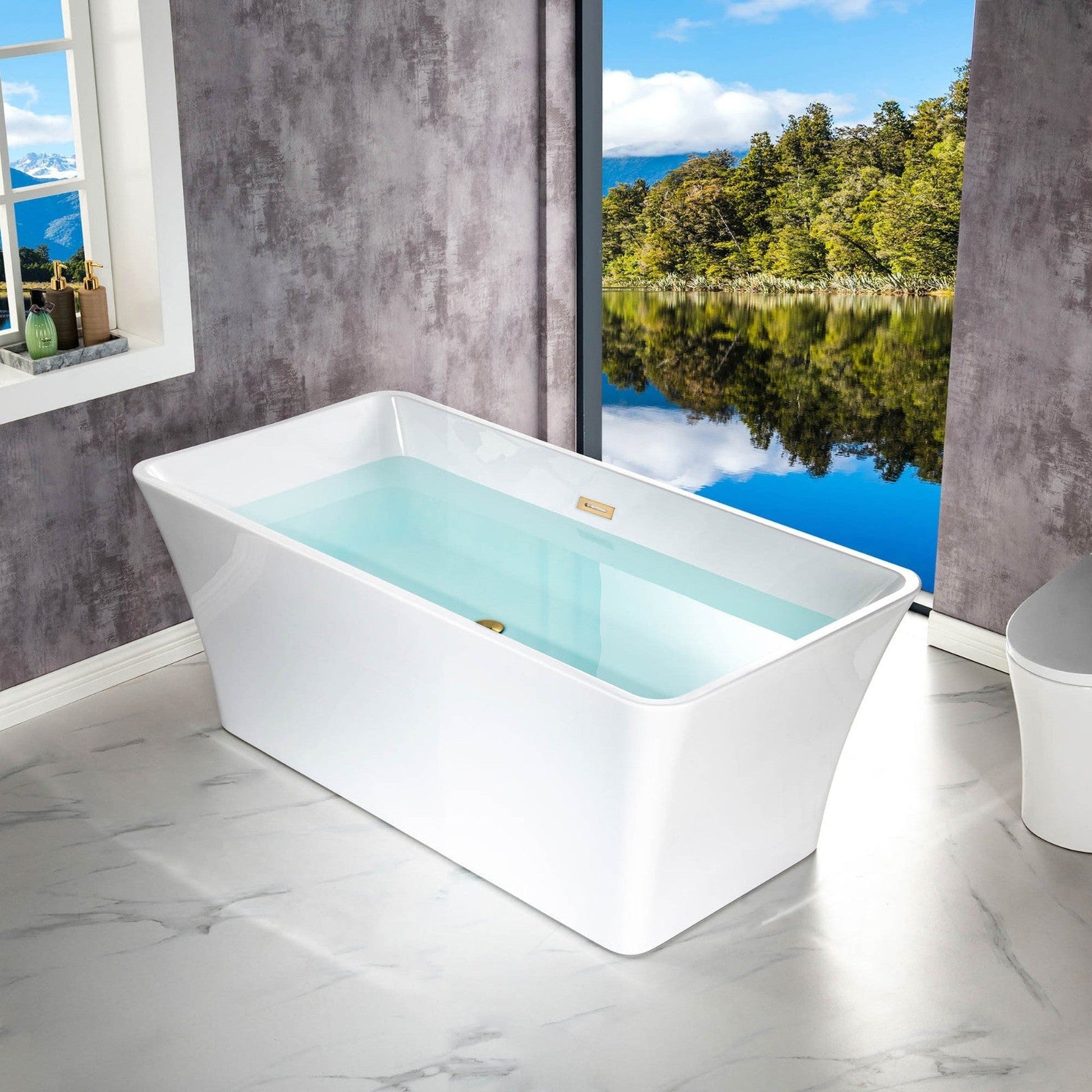 WoodBridge B-1509 59" White Acrylic Freestanding Soaking Bathtub With Brushed Gold Drain, Overflow, F0073BGVT Tub Filler and Caddy Tray