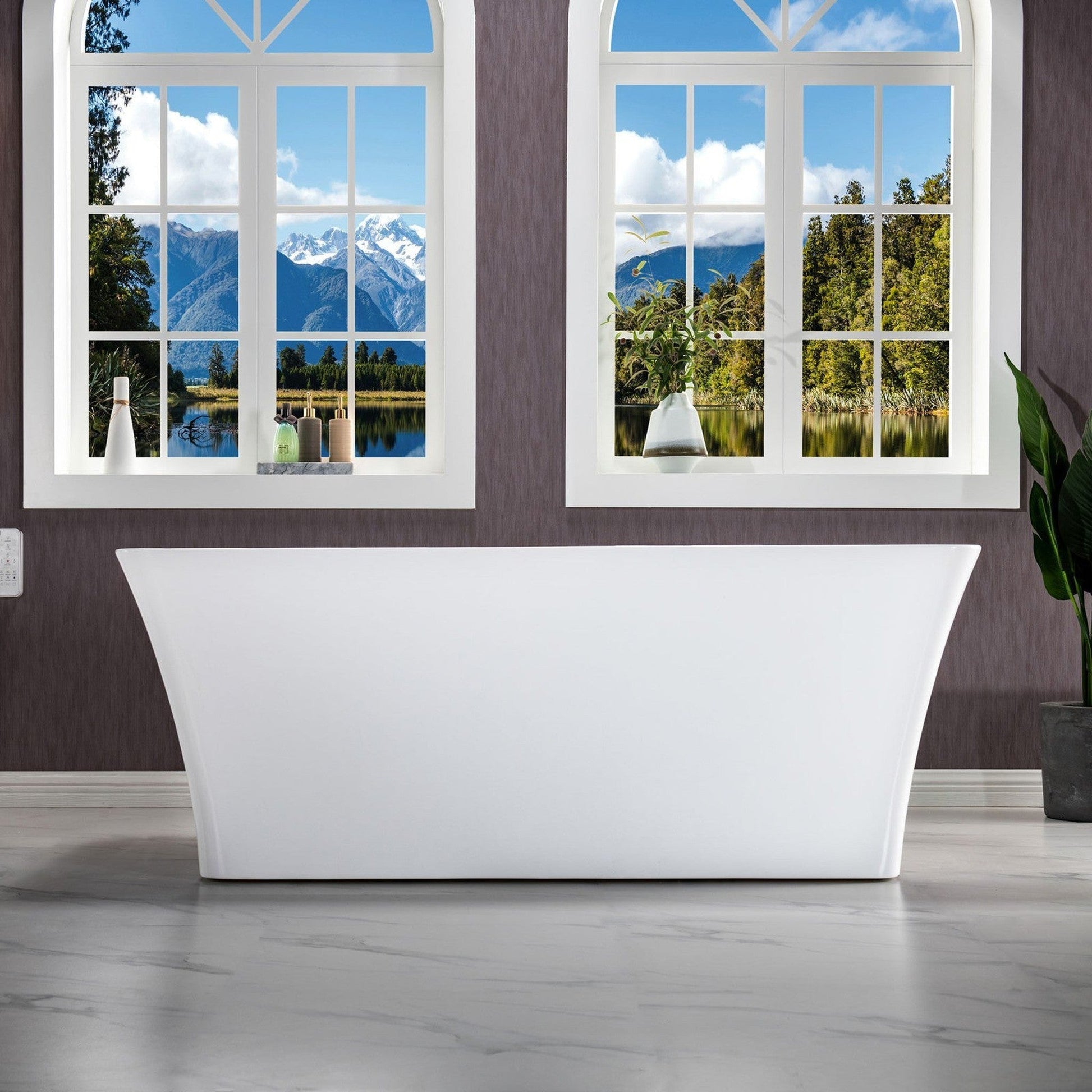 WoodBridge B-1509 59" White Acrylic Freestanding Soaking Bathtub With Brushed Gold Drain, Overflow, F0073BGVT Tub Filler and Caddy Tray