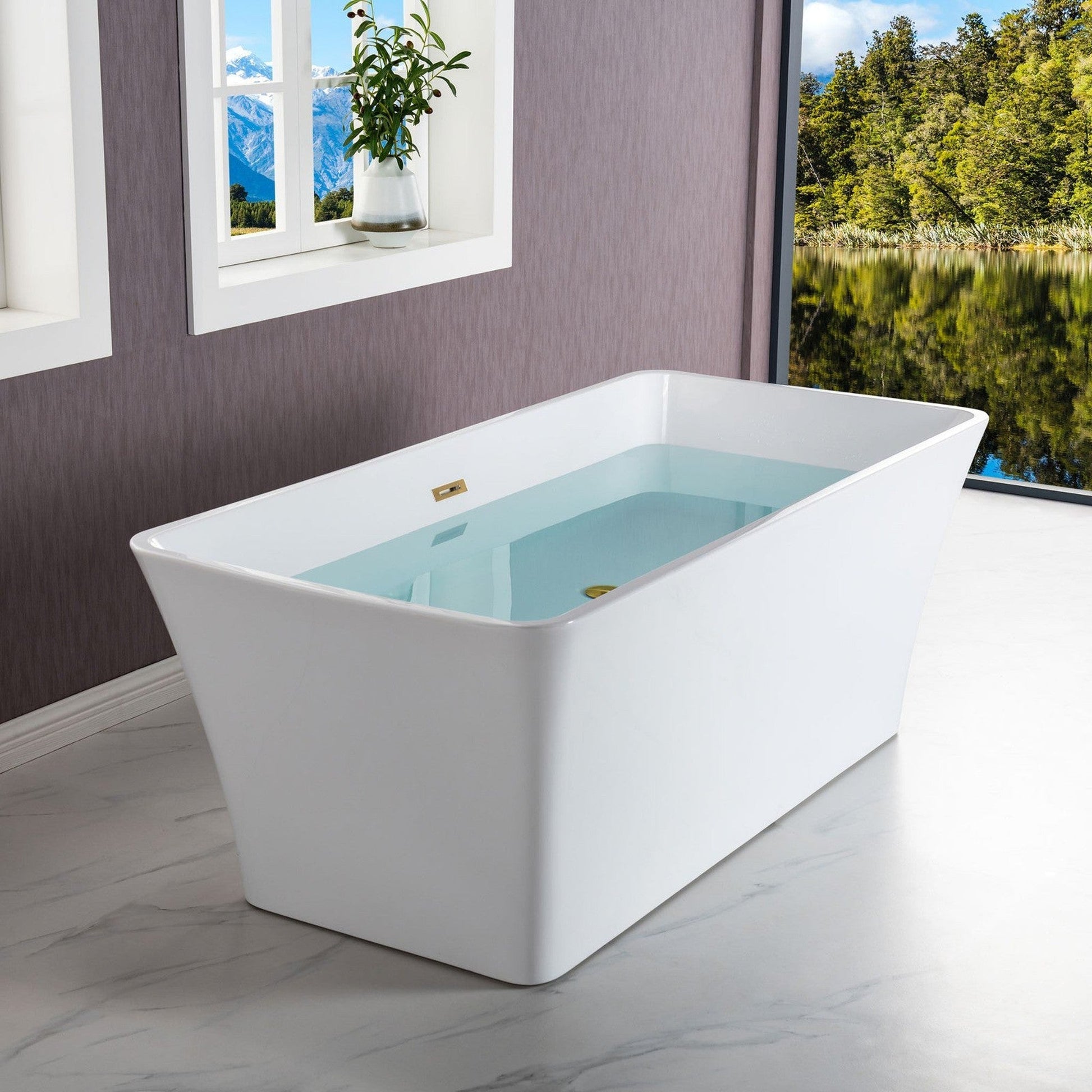 WoodBridge B-1509 59" White Acrylic Freestanding Soaking Bathtub With Brushed Gold Drain, Overflow, F0073BGVT Tub Filler and Caddy Tray