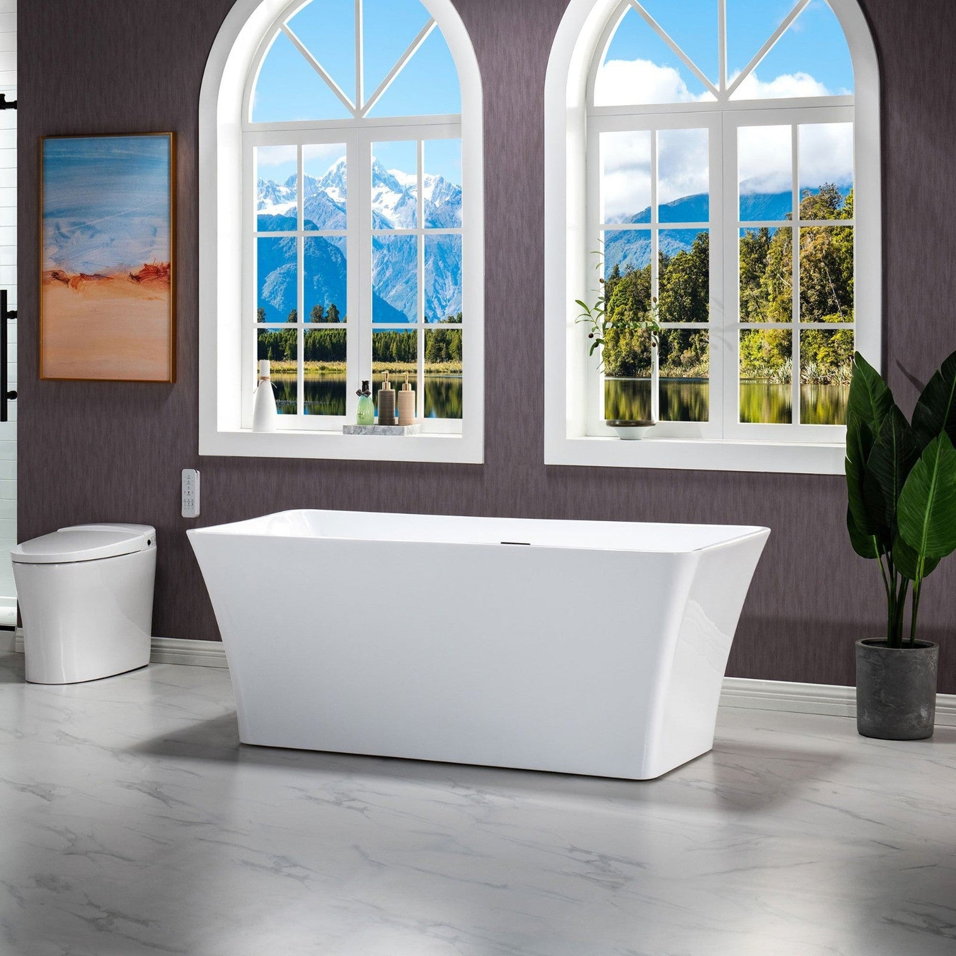 WoodBridge B-1509 59" White Acrylic Freestanding Soaking Bathtub With Brushed Gold Drain, Overflow, F0073BGVT Tub Filler and Caddy Tray