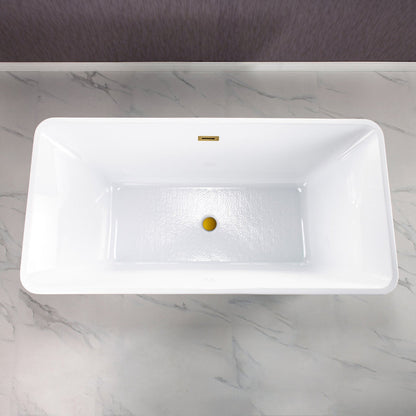 WoodBridge B-1509 59" White Acrylic Freestanding Soaking Bathtub With Brushed Gold Drain and Overflow