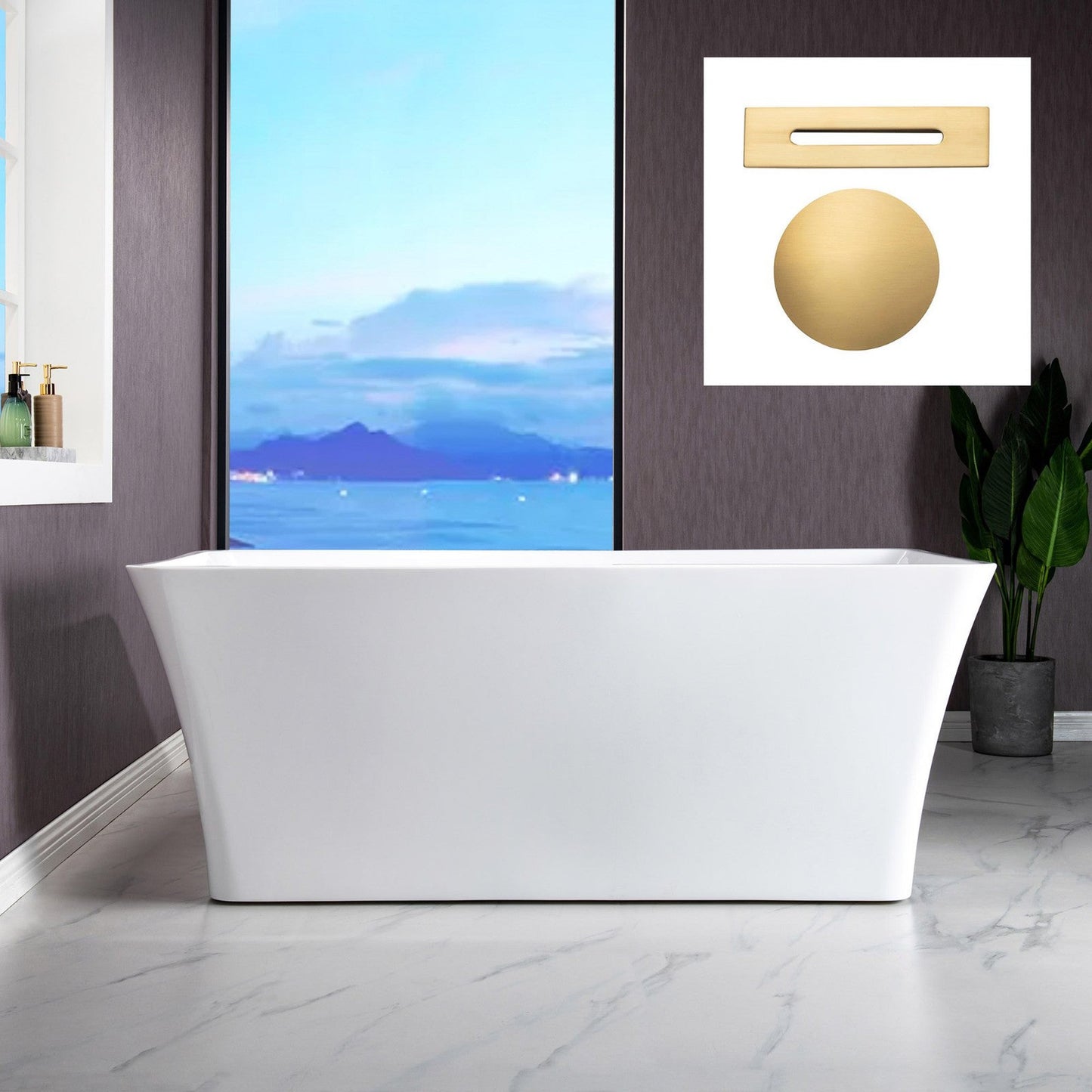 WoodBridge B-1509 59" White Acrylic Freestanding Soaking Bathtub With Brushed Gold Drain and Overflow