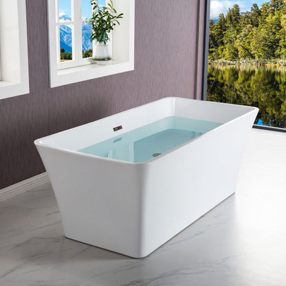 WoodBridge B-1509 59" White Acrylic Freestanding Soakng Bathtub With Brushed Nickel Drain, Overflow, F0070BNVT Tub Filler and Caddy Tray