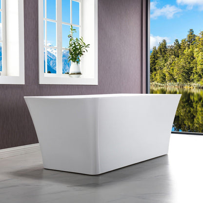 WoodBridge B-1509 59" White Acrylic Freestanding Soakng Bathtub With Brushed Nickel Drain, Overflow, F0070BNVT Tub Filler and Caddy Tray