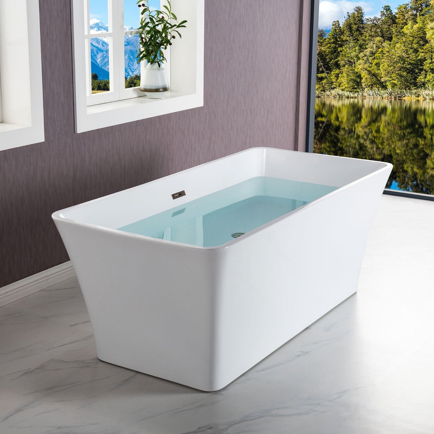 WoodBridge B-1509 59" White Acrylic Freestanding Soaking Bathtub With Brushed Nickel Drain and Overflow