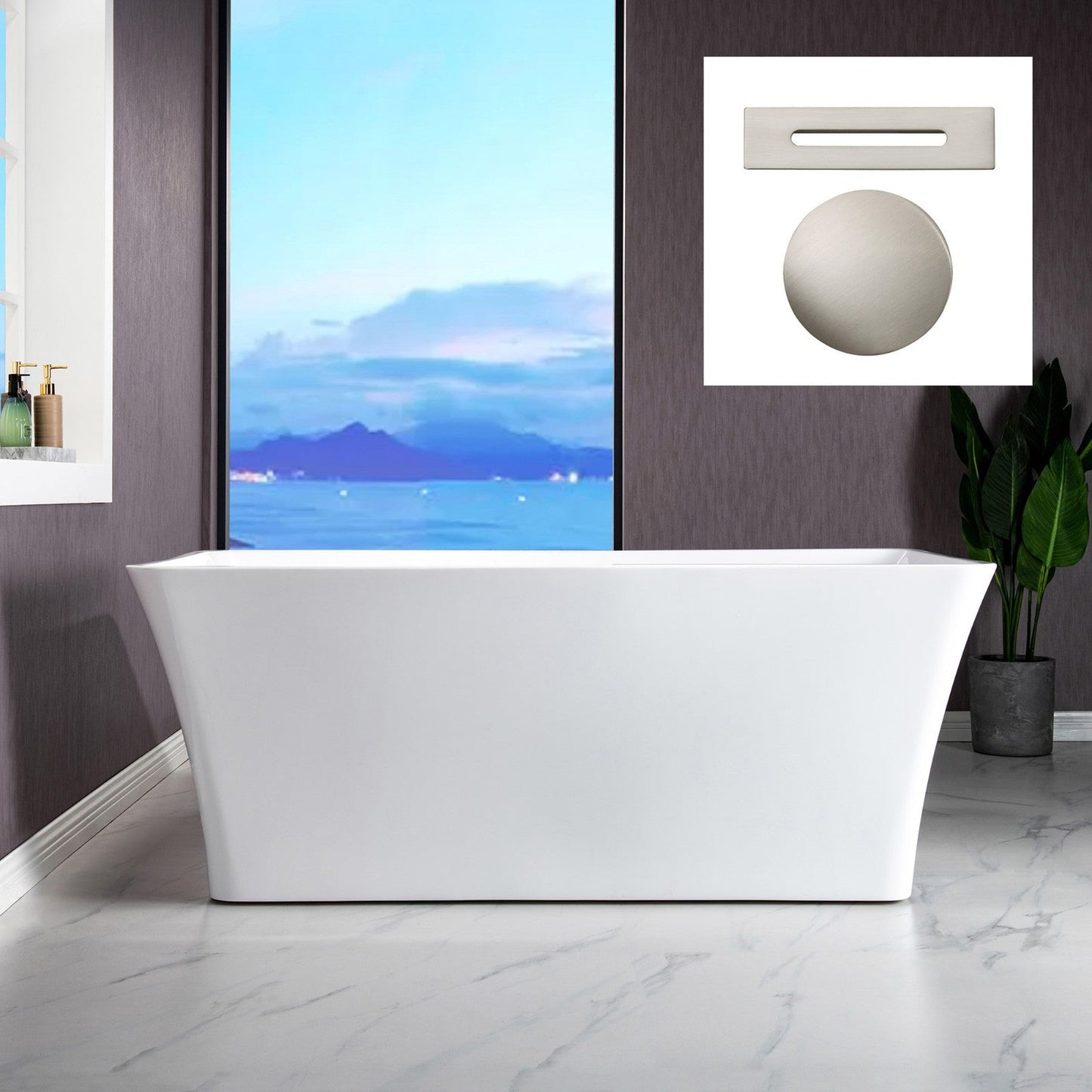 WoodBridge B-1509 59" White Acrylic Freestanding Soaking Bathtub With Brushed Nickel Drain and Overflow