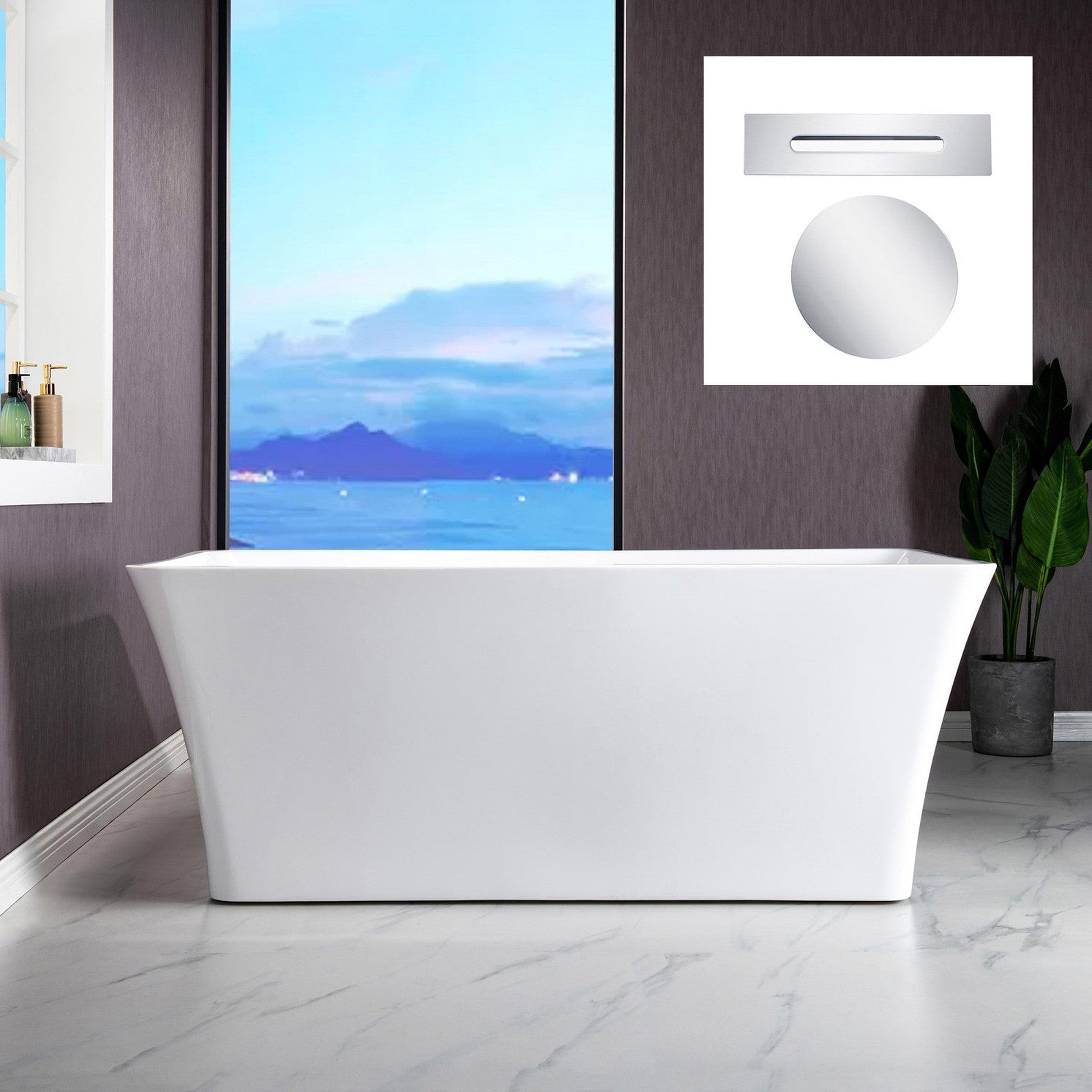 WoodBridge B-1509 59" White Acrylic Freestanding Soaking Bathtub With Chrome Drain, Overflow, F0071CHVT Tub Filler and Caddy Tray