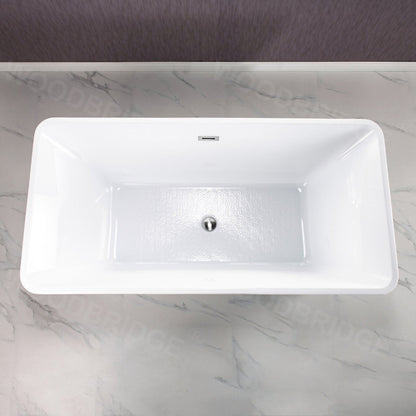 WoodBridge B-1509 59" White Acrylic Freestanding Soaking Bathtub With Chrome Drain and Overflow