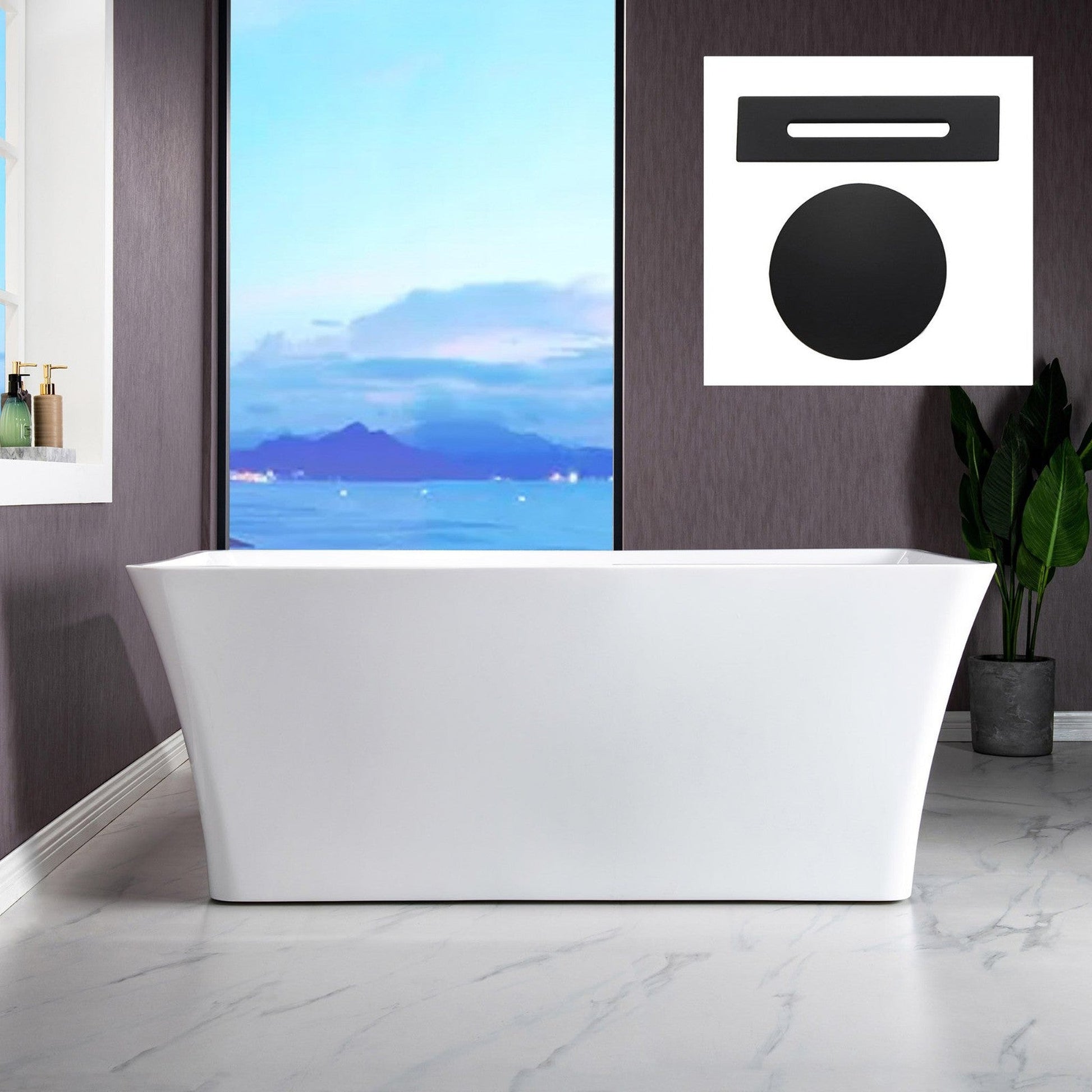 WoodBridge B-1509 59" White Acrylic Freestanding Soaking Bathtub With Matte Black Drain, Overflow, F0072MBVT Tub Filler and Caddy Tray