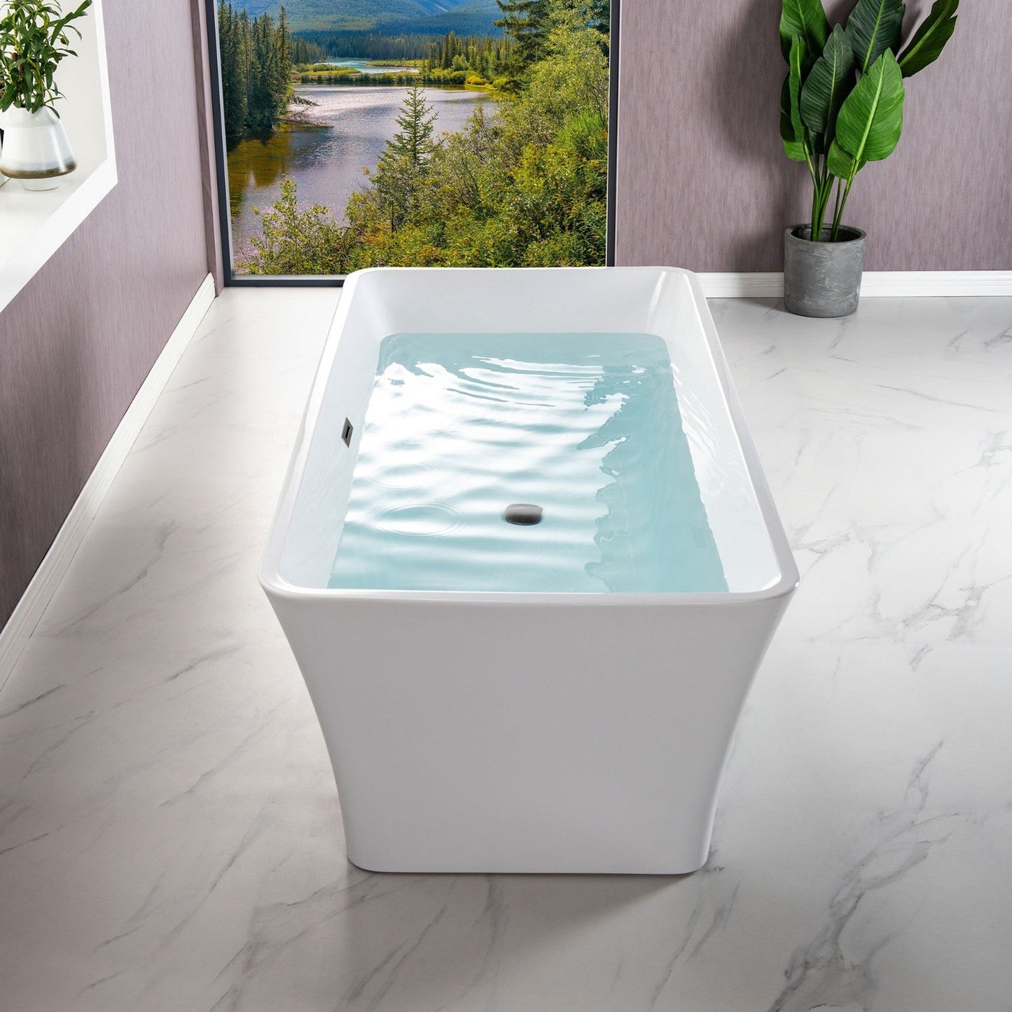 WoodBridge B-1509 59" White Acrylic Freestanding Soaking Bathtub With Matte Black Drain and Overflow