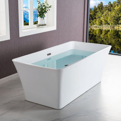 WoodBridge B-1509 59" White Acrylic Freestanding Soaking Bathtub With Matte Black Drain and Overflow