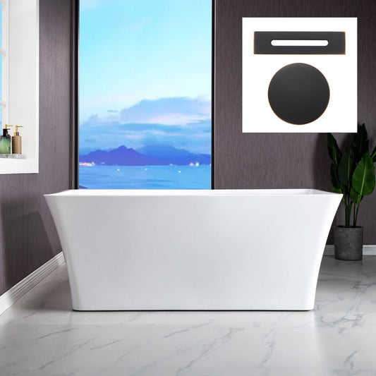 WoodBridge B-1509 59" White Acrylic Freestanding Soaking Bathtub With Oil Rubbed Bronze Drain and Overflow