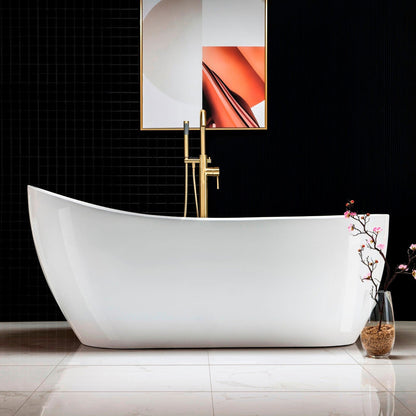 WoodBridge B0001 67" White Acrylic Freestanding Soaking Bathtub With Brushed Gold Drain, Overflow, F0073BGVT Tub Filler and Caddy Tray