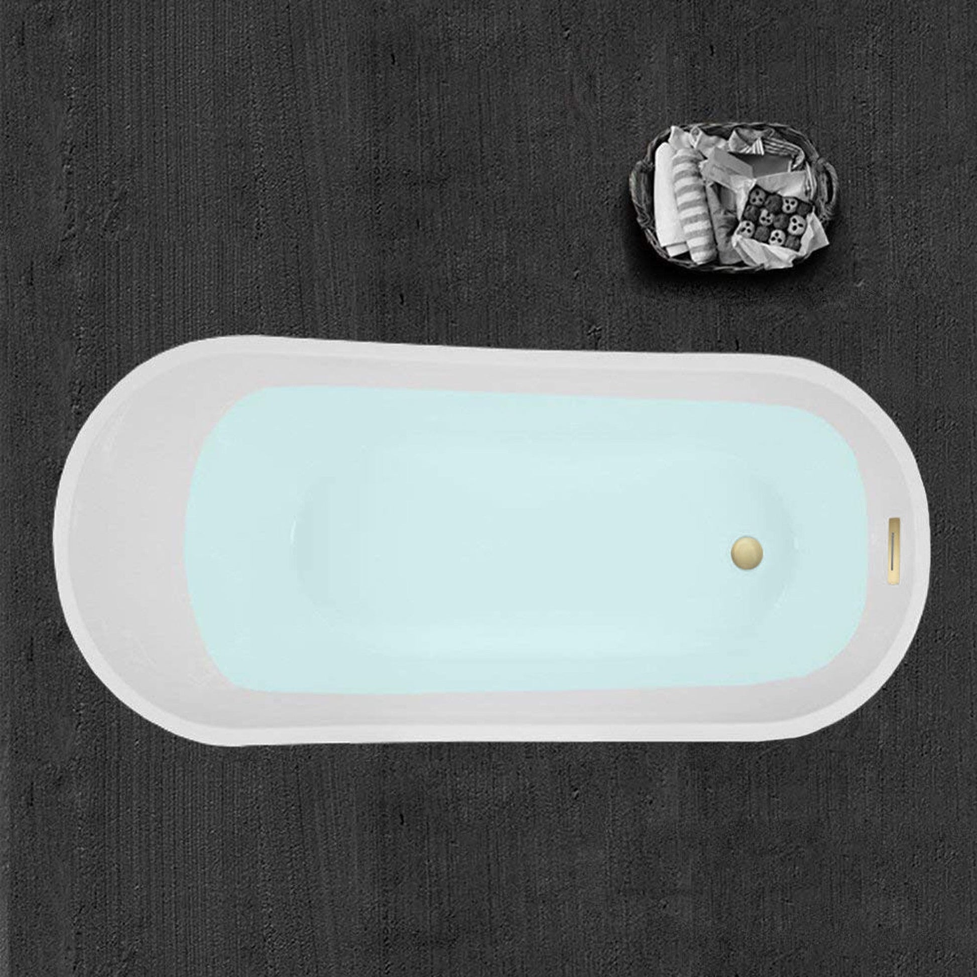 WoodBridge B0001 67" White Acrylic Freestanding Soaking Bathtub With Brushed Gold Drain, Overflow, F0073BGVT Tub Filler and Caddy Tray