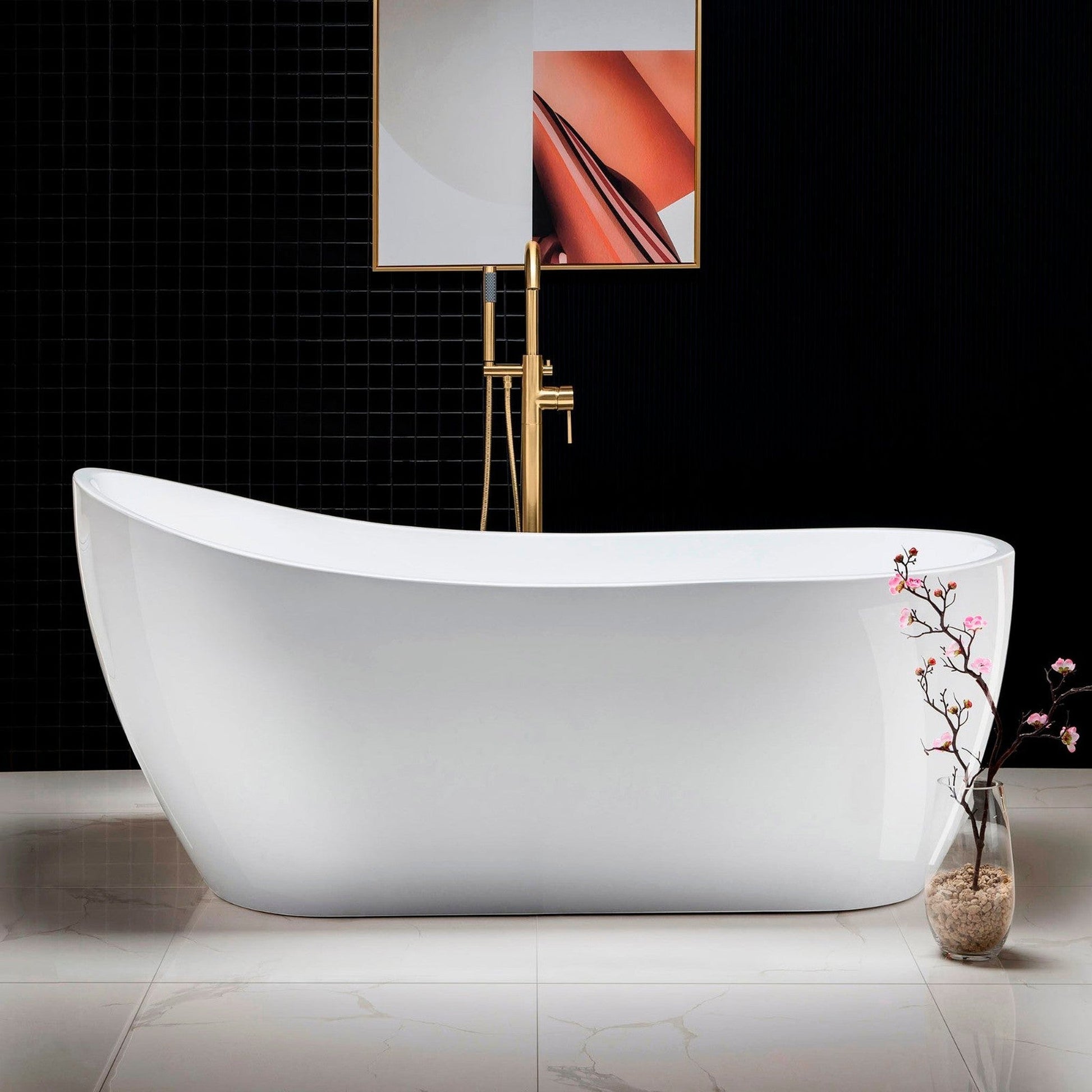 WoodBridge B0001 67" White Acrylic Freestanding Soaking Bathtub With Brushed Gold Drain, Overflow, F0073BGVT Tub Filler and Caddy Tray
