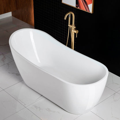 WoodBridge B0001 67" White Acrylic Freestanding Soaking Bathtub With Brushed Gold Drain, Overflow, F0073BGVT Tub Filler and Caddy Tray