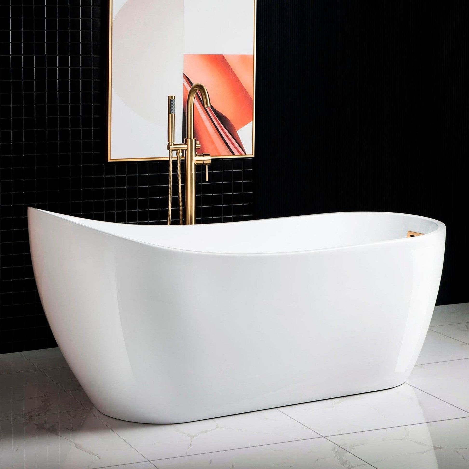 WoodBridge B0001 67" White Acrylic Freestanding Soaking Bathtub With Brushed Gold Drain, Overflow, F0073BGVT Tub Filler and Caddy Tray