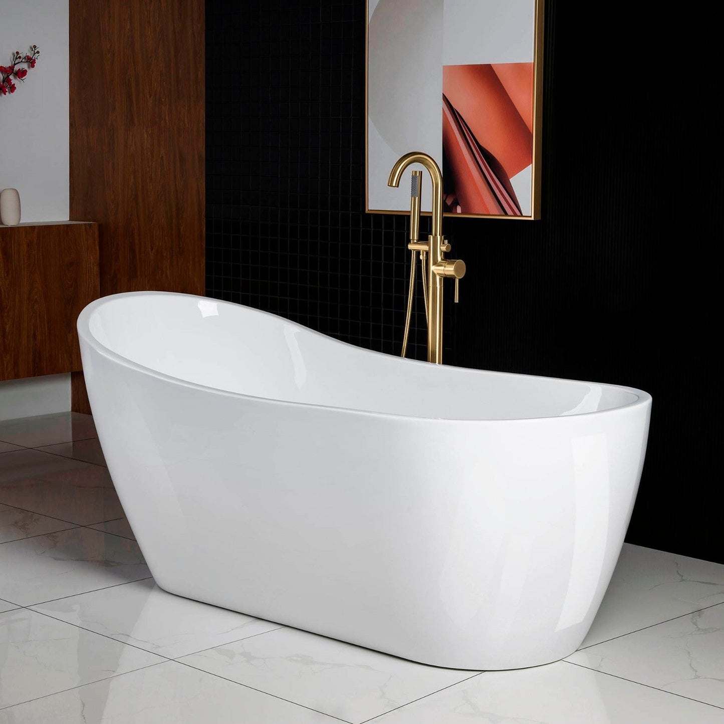 WoodBridge B0001 67" White Acrylic Freestanding Soaking Bathtub With Brushed Gold Drain, Overflow, F0073BGVT Tub Filler and Caddy Tray