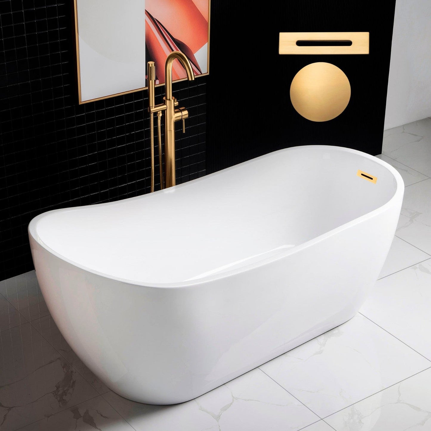 WoodBridge B0001 67" White Acrylic Freestanding Soaking Bathtub With Brushed Gold Drain, Overflow, F0073BGVT Tub Filler and Caddy Tray