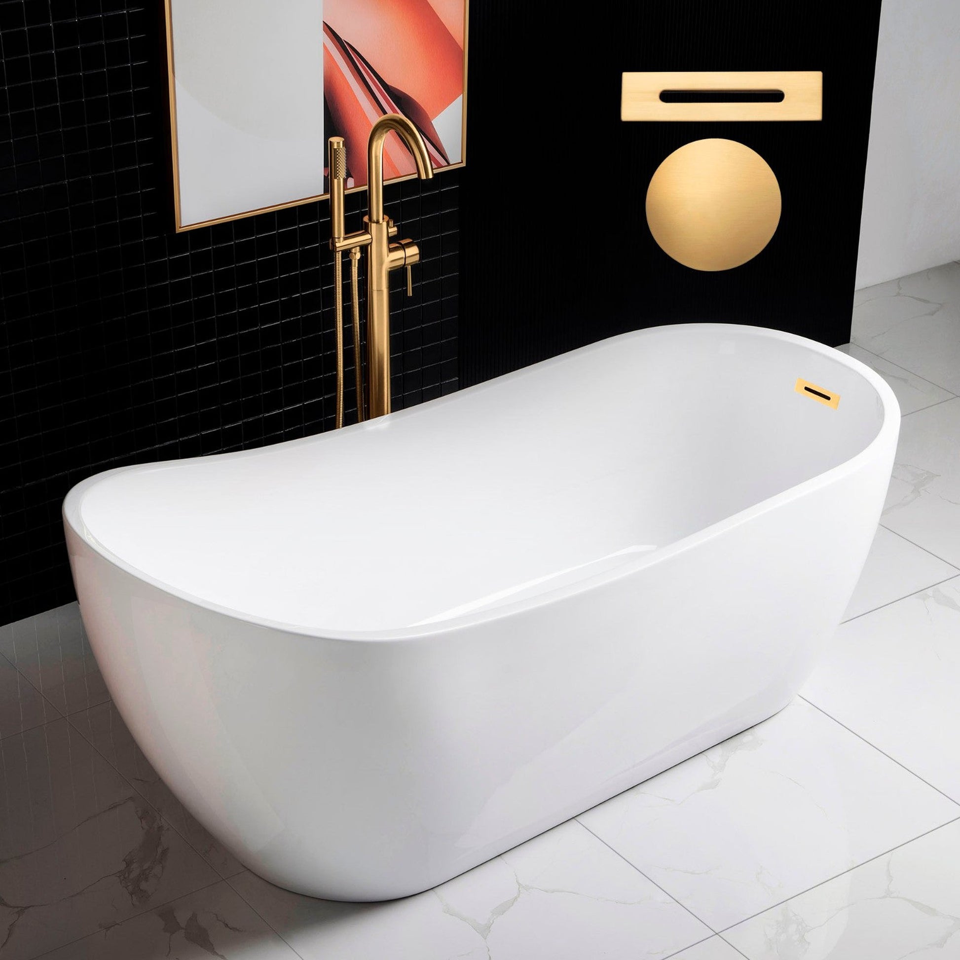 WoodBridge B0001 67" White Acrylic Freestanding Soaking Bathtub With Brushed Gold Drain and Overflow