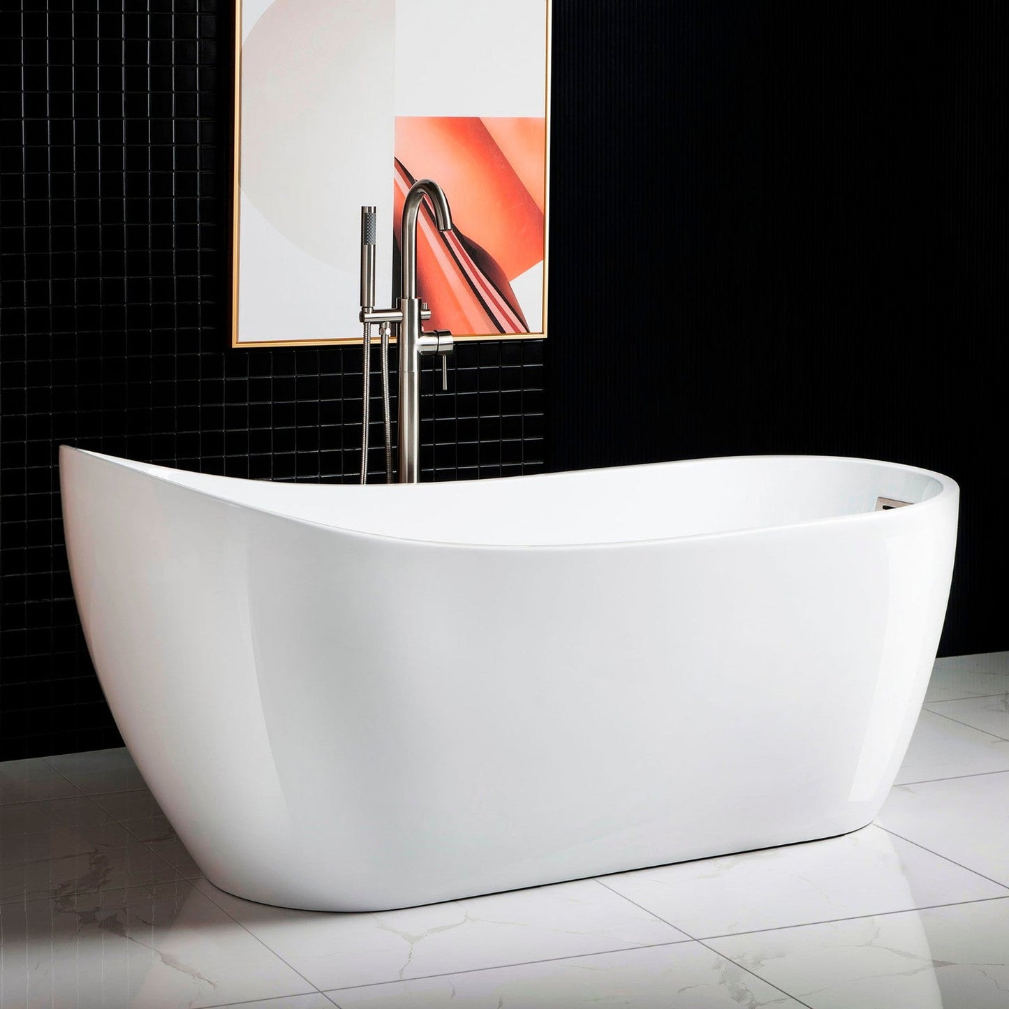 WoodBridge B0001 67" White Acrylic Freestanding Soaking Bathtub With Brushed Nickel Drain, Overflow, F0070BNVT Tub Filler and Caddy Tray