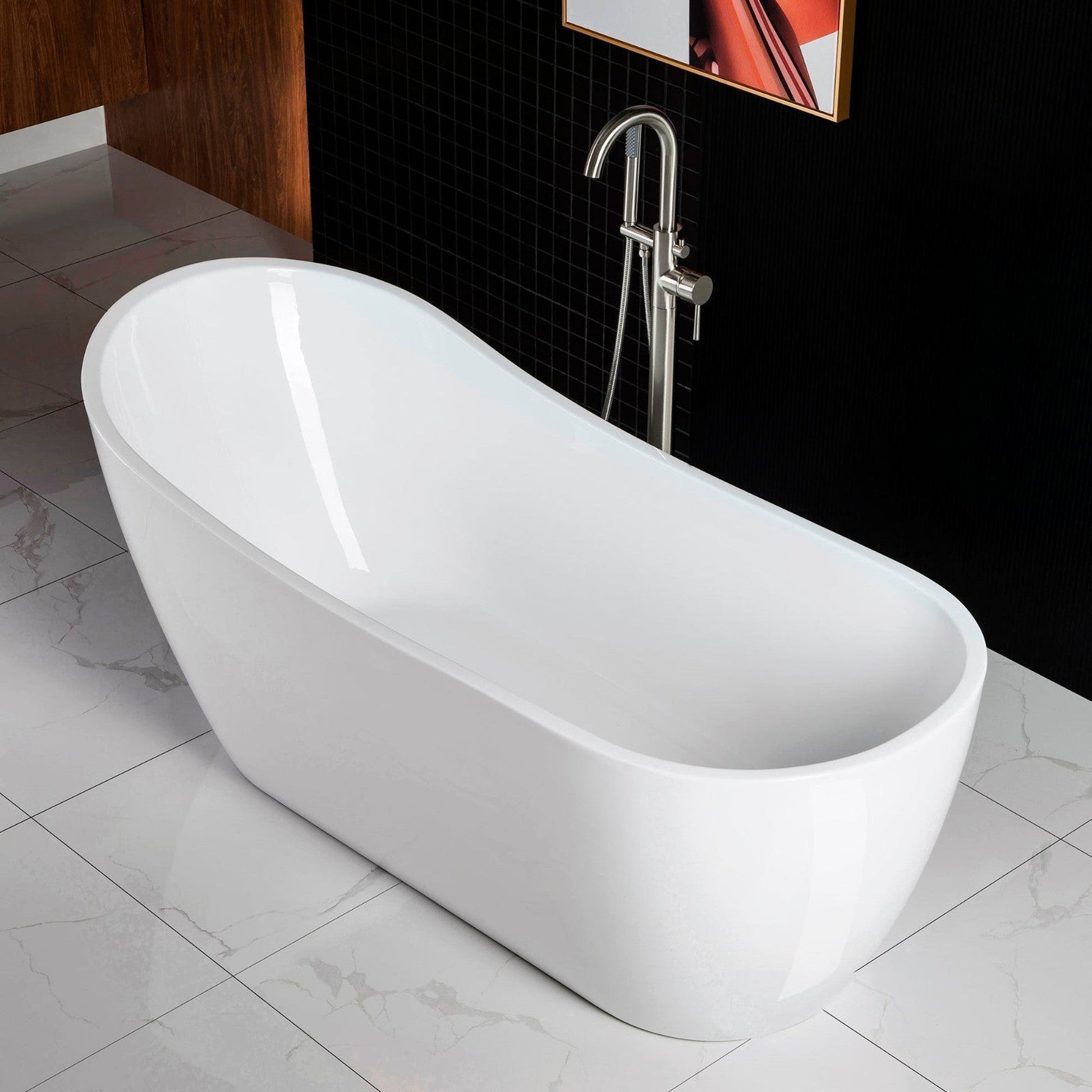 WoodBridge B0001 67" White Acrylic Freestanding Soaking Bathtub With Brushed Nickel Drain, Overflow, F0023BNRD Tub Filler and Caddy Tray